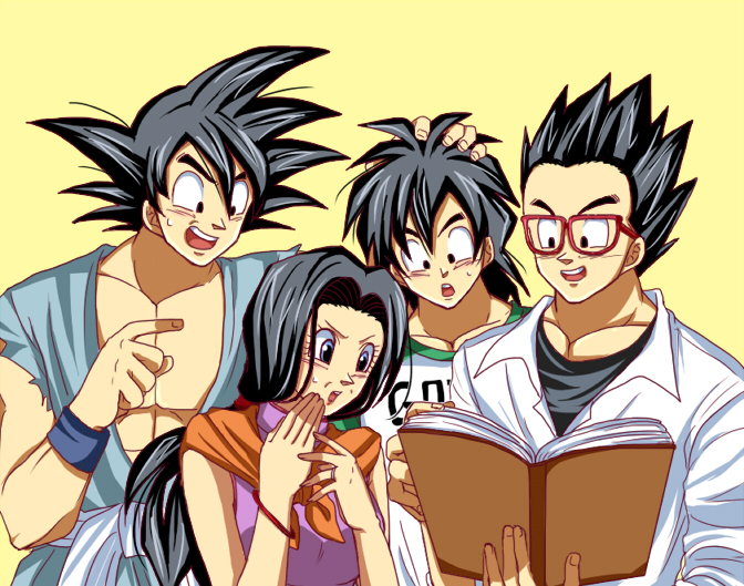 &gt;:) &gt;:d agehay bespectacled black_eyes black_hair book chichi clothes_writing clothing_writing dragon_ball dragon_ball_z dragonball_z glasses hand_on_head long_hair muscle open_mouth red-framed_glasses siblings simple_background smile son_gohan son_gokuu son_goten spiked_hair spiky_hair teeth wristband