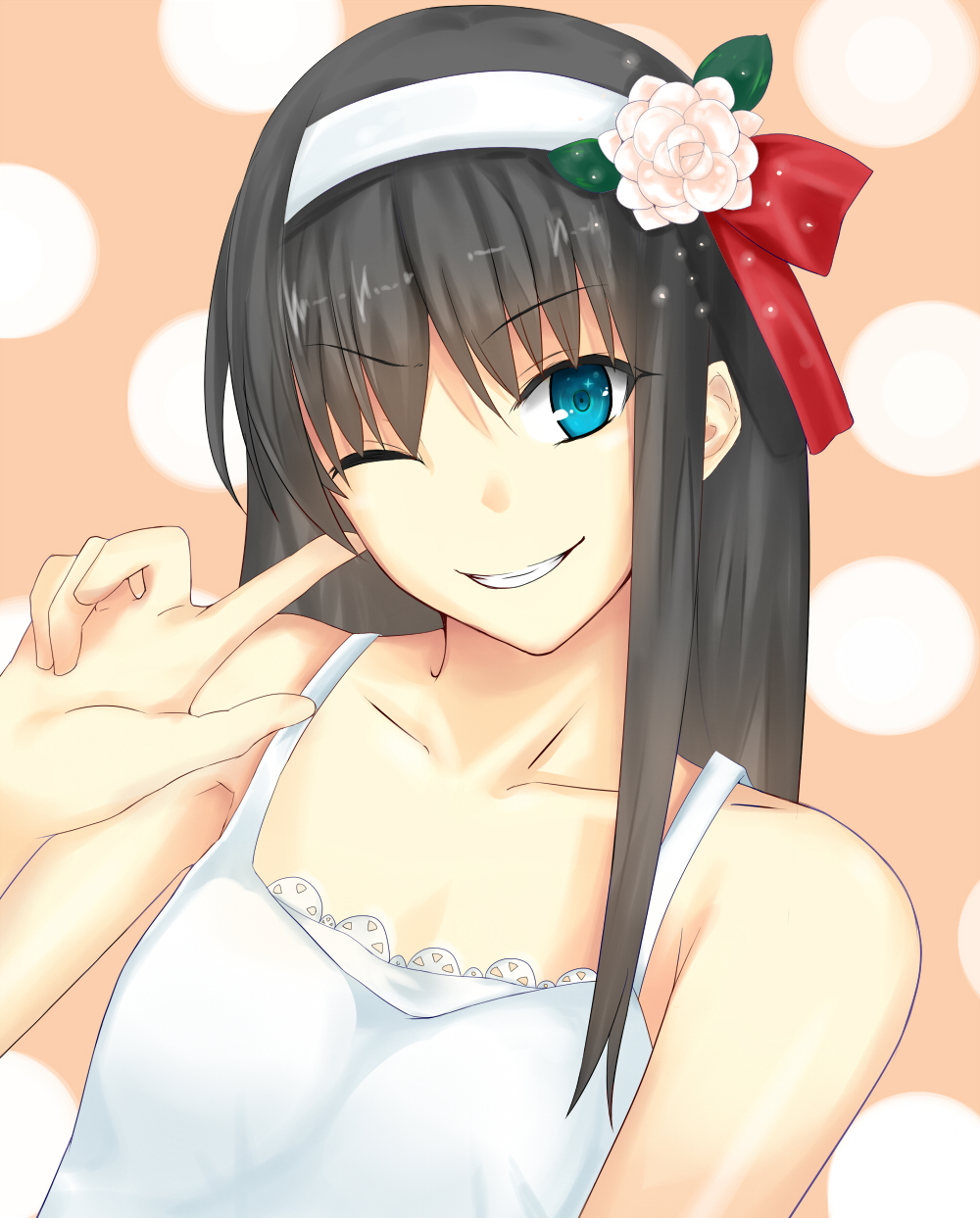 black_hair blue_eyes collarbone finger_to_face flat_chest grin hairband highres iro iro_(sekaixiro) long_hair polka_dot polka_dot_background smile solo tohno_akiha toono_akiha tsukihime wink