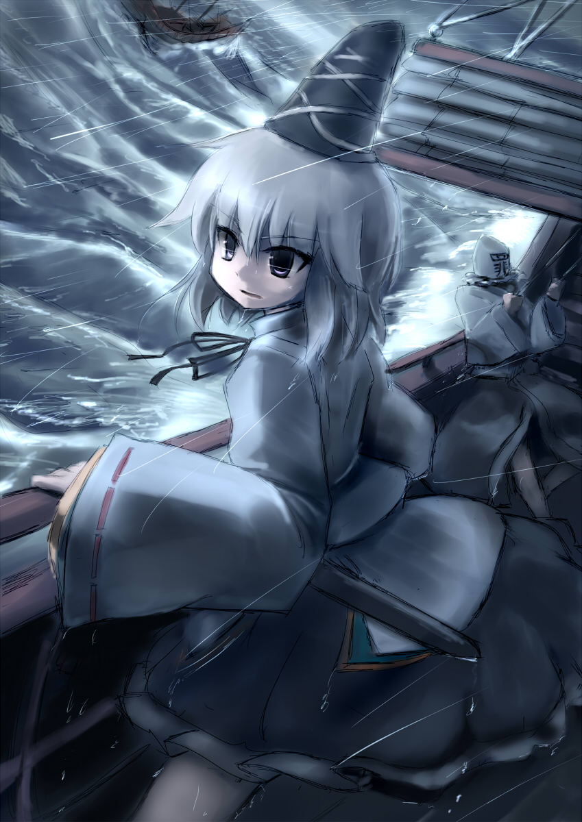 boat chipika grey_eyes hat highres japanese_clothes mononobe_no_futo ocean rain short_hair silver_hair sin_sack skirt solo storm sword tate_eboshi touhou weapon wet