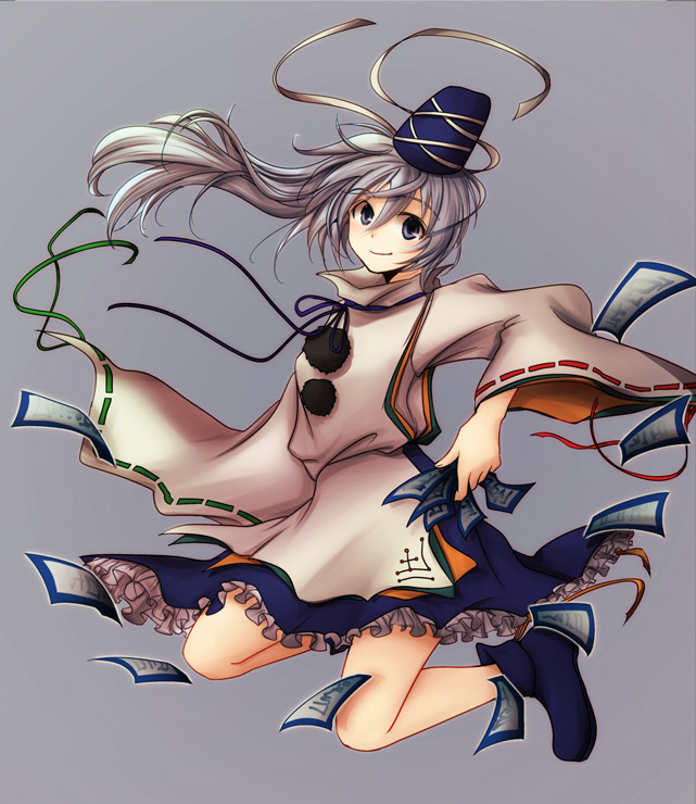 akasaka_sakasu grey_eyes hat japanese_clothes kneeling mononobe_no_futo ofuda ponytail ribbon silver_hair simple_background skirt smile solo tate_eboshi touhou