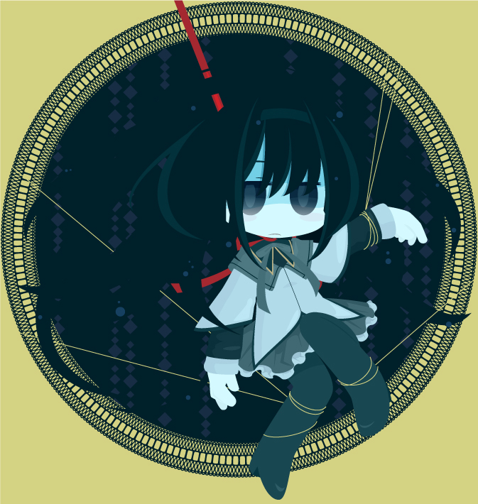 akemi_homura bad_id black_eyes black_hair bondage capelet chibi gears hairband high_heels long_hair magical_girl mahou_shoujo_madoka_magica pantyhose pleated_skirt ribbon riku_(axion_channel) shoes skirt solo string tied_up tiger_&amp;_bunny