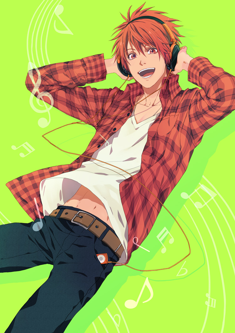 bad_id belt digital_media_player happy headphones ittoki_otoya jeans male musical_note nasie_(kuratomu) navel open_mouth plaid plaid_shirt red_eyes red_hair redhead simple_background solo teeth uta_no_prince-sama