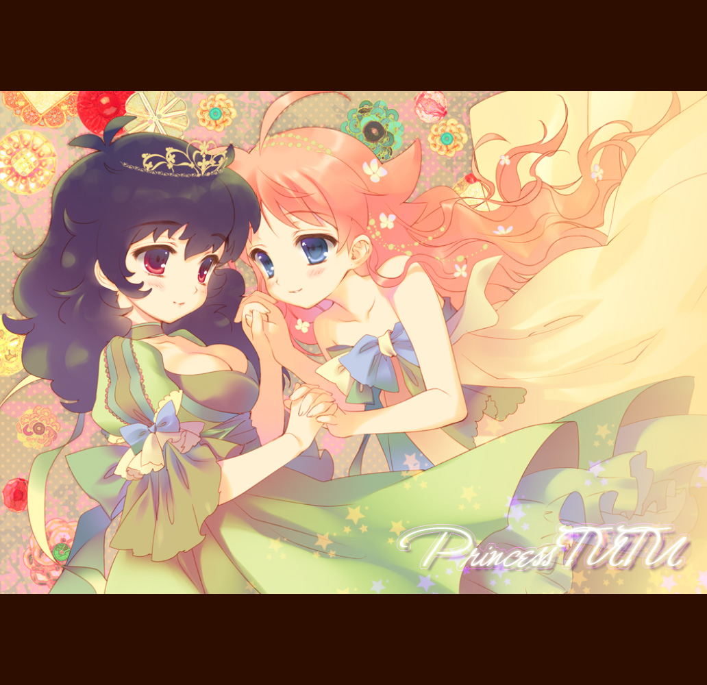 age_difference ahiru ahoge alternate_hairstyle bare_shoulders black_hair blue_eyes blush breasts child choker circlet cleavage crown curly_hair dress female flat_chest flower hair_down hand_holding holding_hands large_breasts letterboxed light_smile long_hair multiple_girls orange_hair pink_hair princess_tutu puffy_sleeves red_eyes red_hair redhead ribbon rue_(princess_tutu) santa_matsuri smile star stars text tiara title_drop wavy_hair