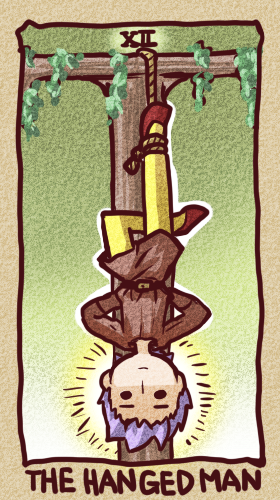 copyright_request hanging ikkyuu lowres male rope solo tarot the_hanged_man upside-down
