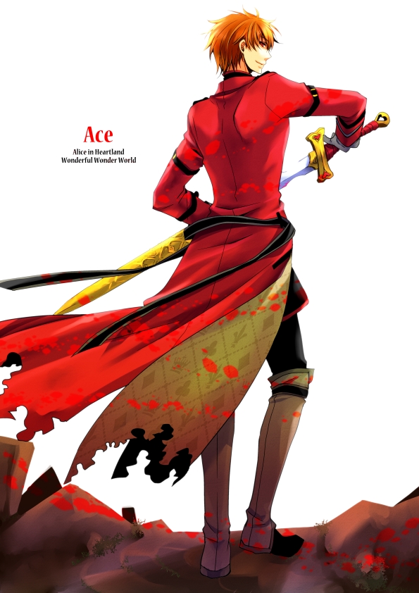 ace_(kuni_no_alice) arm_garter blood boots brown_hair diamond english gloves heart heart_no_kuni_no_alice holding looking_back male pants red_eyes sheath simple_background smile solo sword text tojo torn_clothes unsheathing weapon white_background wind