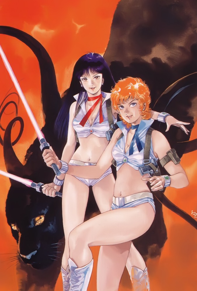 2girls 80s animal armlet artist_request black_hair black_panther blade bracelet breasts cat choker cleavage dirty_pair dirty_pair_flash energy_sword gloves jewelry kei_(dirty_pair) lightsaber long_hair midriff mughi multiple_girls navel official_art oldschool orange_hair panther short_hair thigh_strap waterpaint weapon yasuhiko_yoshikazu yoshikazu_yasuhiko yuri_(dirty_pair)