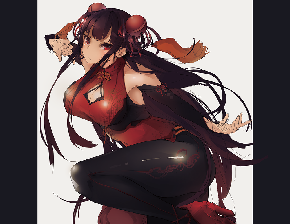 1girl bare_shoulders bell black_legwear breasts character_request cleavage cleavage_cutout copyright_request dress hair_ornament jingle_bell large_breasts leg_up letterboxed long_hair red_dress red_eyes shu-cem solo