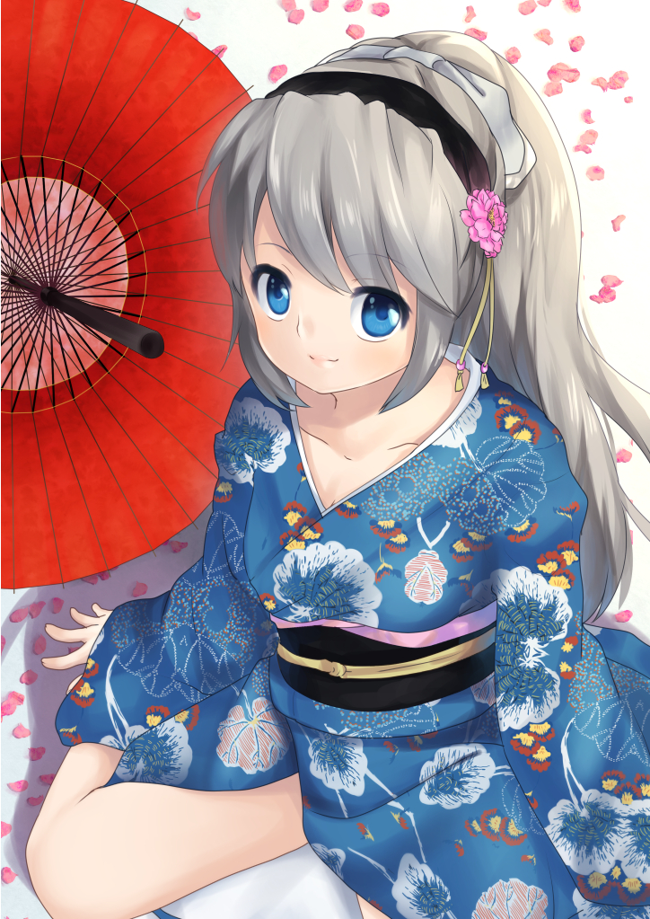 1girl ari_don blue_eyes clannad hairband japanese_clothes kimono long_hair sakagami_tomoyo silver_hair sitting umbrella wariza