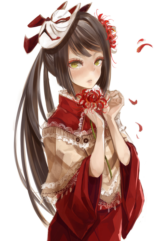 black_hair flower flower_on_head fox_mask hair_flower hair_ornament lace long_hair looking_at_viewer mask nanarinca original petals ponytail shawl simple_background solo spider_lily very_long_hair white_background yellow_eyes