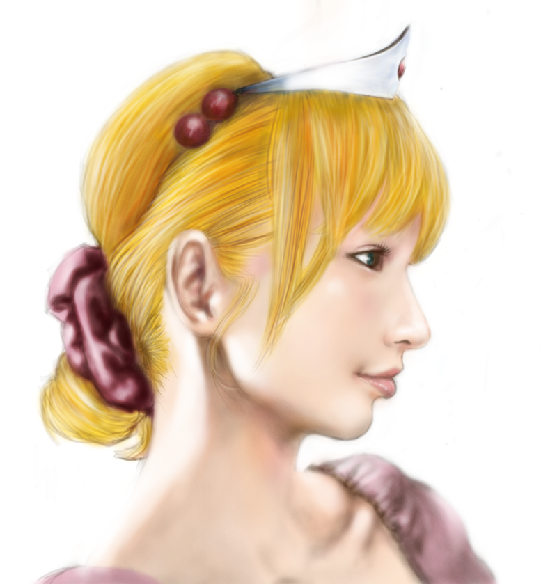 1girl blonde_hair blue_eyes crown dotechin hair_bobbles hair_ornament lips princess_peach profile realistic solo super_mario_bros. tiara white_background