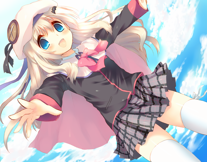 blonde_hair blue_eyes blush bow cape cloud dutch_angle hat kinoko little_busters!! long_hair looking_at_viewer noumi_kudryavka open_mouth outstretched_arms plaid plaid_skirt school_uniform skirt sky smile solo thigh-highs thighhighs white_legwear zettai_ryouiki