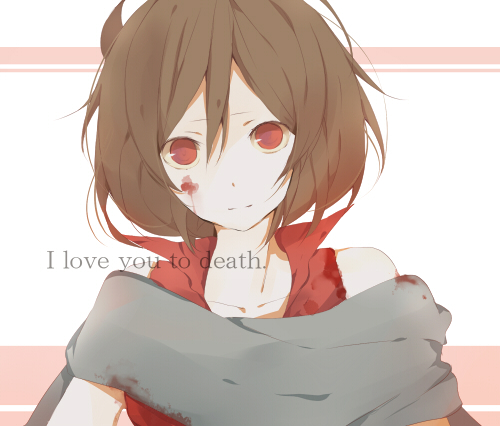 bare_shoulders blood brown_hair collarbone english lowres meiko messy_hair naniiro red_eyes scarf short_hair simple_background smile solo vocaloid