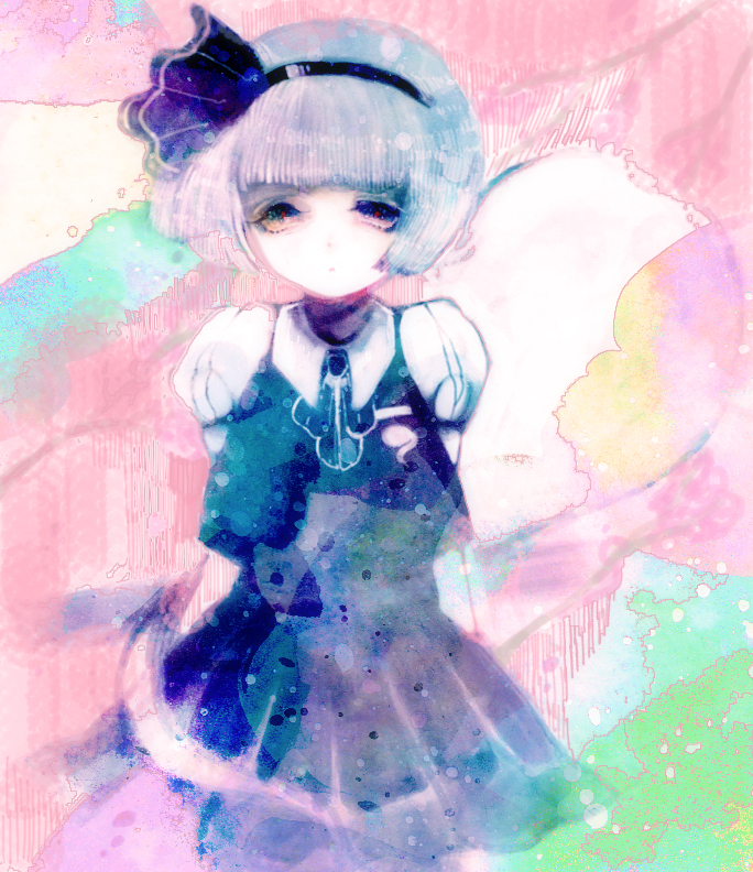 ame_tame arms_behind_back bad_id bob_cut hairband konpaku_youmu konpaku_youmu_(ghost) pale_color pale_colors short_hair silver_hair solo touhou vest