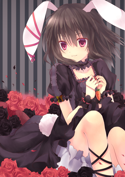alternate_color animal_ears black_rose black_rose_(flower) bow brown_hair bunny_ears carrot dress flower inaba_tewi jewelry marotti nail_polish red_eyes red_rose rose short_hair smile solo tail touhou