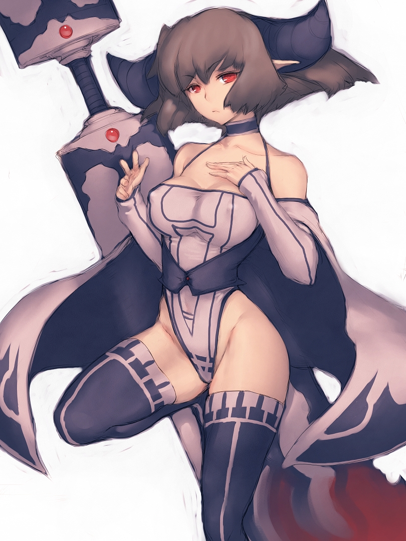 breasts brown_hair copyright_request erect_nipples fumio_(rsqkr) horns huge_weapon humio mound_of_venus red_eyes short_hair simple_background sword thigh-highs thighhighs weapon