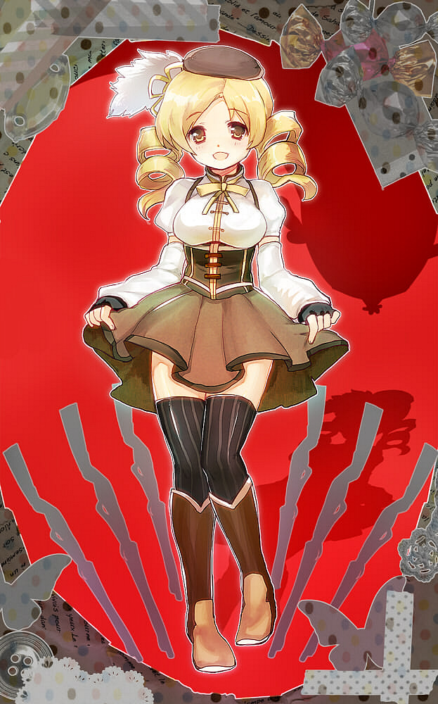 beret black_legwear blonde_hair boots bow brown_legwear butterfly candy corset curtsey detached_sleeves dress drill_hair fingerless_gloves gloves gun hair_ornament hairpin hat long_hair magical_girl magical_musket mahou_shoujo_madoka_magica mushirou pleated_skirt puffy_sleeves red_background ribbon rifle skirt smile solo taut_shirt thigh-highs thighhighs tomoe_mami twin_drills twintails vertical-striped_legwear vertical_stripes weapon yellow_eyes zettai_ryouiki