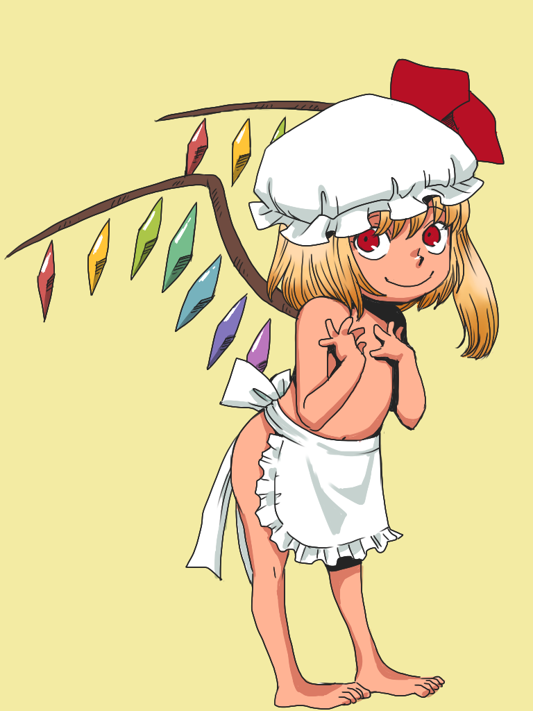 apron barefoot blonde_hair child flandre_scarlet hat naked_apron onikobe_rin side_ponytail simple_background solo standing the_embodiment_of_scarlet_devil toes topless touhou wings