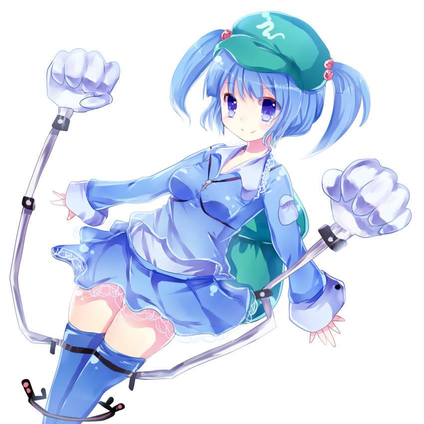 aqua_eyes aqua_hair backpack bag blue_eyes blue_hair blue_legwear hair_bobbles hair_ornament hat kawashiro_nitori mechanical_arms randoseru robotic_arms shirt skirt skirt_set smile solo thigh-highs thighhighs tikuwakure touhou twintails uiroutsuji_yumihiko zettai_ryouiki