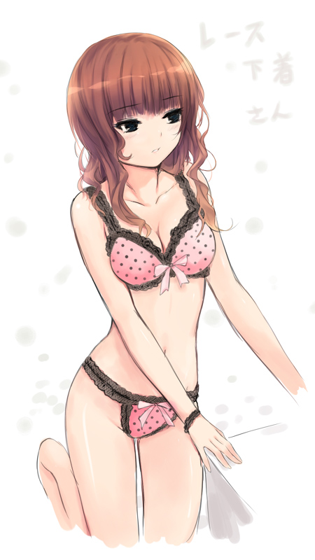 black_eyes bra breasts brown_hair cleavage coffee-kizoku female lace-trimmed_bra lace-trimmed_panties lingerie long_hair navel open_mouth original panties pink_bra pink_panties polka_dot polka_dot_bra polka_dot_panties red_hair solo underwear underwear_only