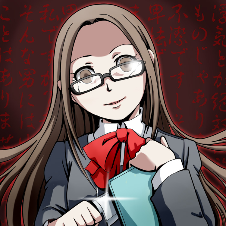 broken_glasses brown_eyes brown_hair fushimi_chihiro glasses knife long_hair persona persona_3 solo t0kiwa translation_request yandere