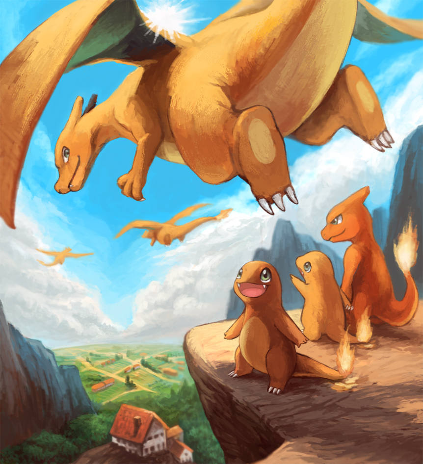 charizard charmander charmeleon cloud family fire inumura_(inu_noya) no_humans pokemon pokemon_(creature) scenery sky