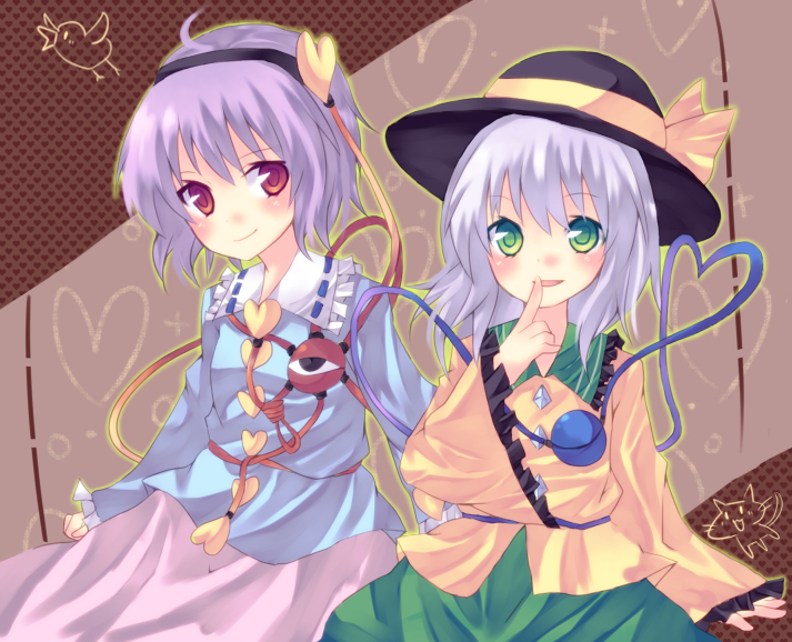 2girls green_eyes hairband hat komeiji_koishi komeiji_satori nonaka red_eyes short_hair siblings sisters third_eye touhou