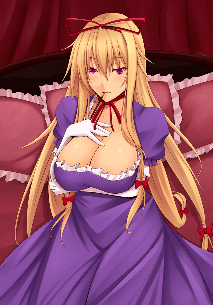 bow breast_hold breasts cleavage elbow_gloves gloves large_breasts long_hair pillow pocky purple_eyes ribbon shuugetsu_karasu touhou violet_eyes yakumo_yukari