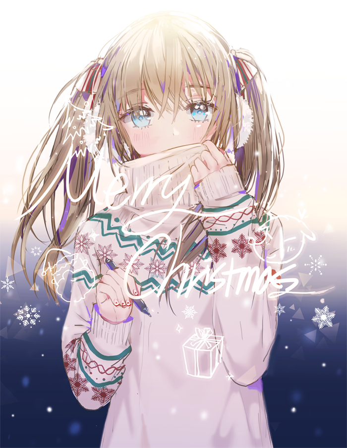 1girl backlighting bangs blonde_hair blue_eyes blush covered_mouth dangmill earmuffs gift long_hair looking_at_viewer merry_christmas nail_polish original sleeves_past_wrists snowflakes solo turtleneck twintails upper_body white_nails