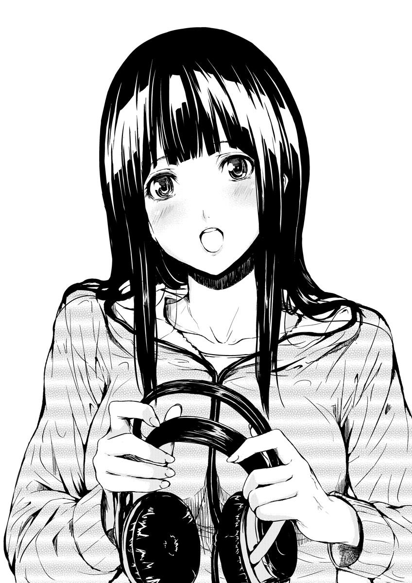 :o azuki_miho bakuman bangs fujioka_toki headphones highres hime_cut holding long_hair looking_at_viewer monochrome open_mouth simple_background solo sweater toki_shirazu