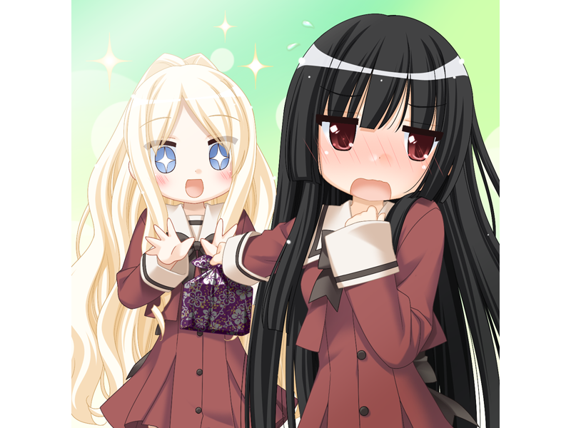 2girls black_hair blonde_hair blue_eyes blush brown_eyes dress game_cg gift hime_cut kirishima_shizuku long_hair multiple_girls open_mouth peko school_uniform shitogi_elis sono_hanabira_ni_kuchizuke_wo sweatdrop wavy_hair yuri