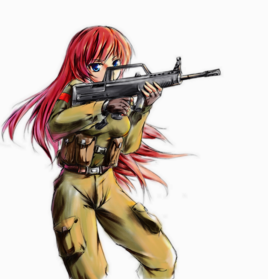 bad_id blue_eyes breasts bullpup china flag gun hong_meiling long_hair military military_uniform nightmaremk2 people's_republic_of_china_flag qbz-95 red_hair redhead rifle touhou uniform weapon