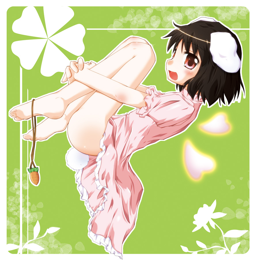 barefoot black_hair blush bunny_ears bunny_tail carrot chata inaba_tewi jewelry leg_hug necklace no_panties open_mouth pendant rabbit_ears red_eyes short_hair solo tail touhou