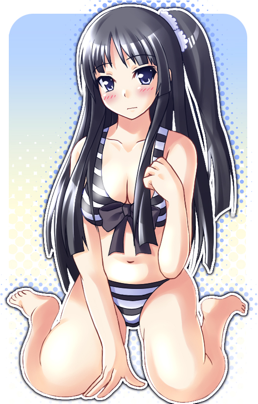 1girl akiyama_mio barefoot bikini black_eyes black_hair k-on! long_hair makkemi ponytail solo striped striped_bikini striped_swimsuit swimsuit