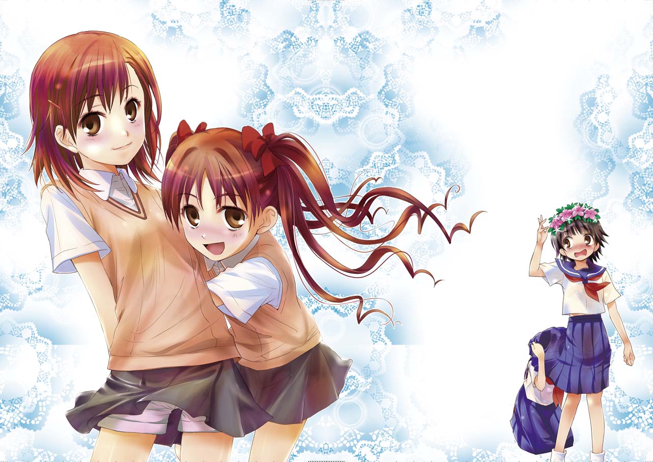 brown_hair iizuka_ena long_hair misaka_mikoto saten_ruiko school_uniform serafuku shirai_kuroko short_hair shorts skirt skirt_lift to_aru_kagaku_no_railgun to_aru_majutsu_no_index twintails uiharu_kazari under_skirt