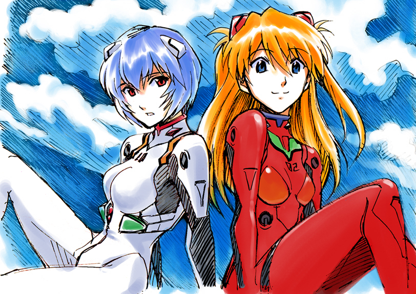 ayanami_rei ayukko_(forest_village) back-to-back back_to_back blue_eyes blue_hair cloud long_hair multiple_girls neon_genesis_evangelion orange_hair piitan_aratame plugsuit red_eyes short_hair sitting sky smile souryuu_asuka_langley