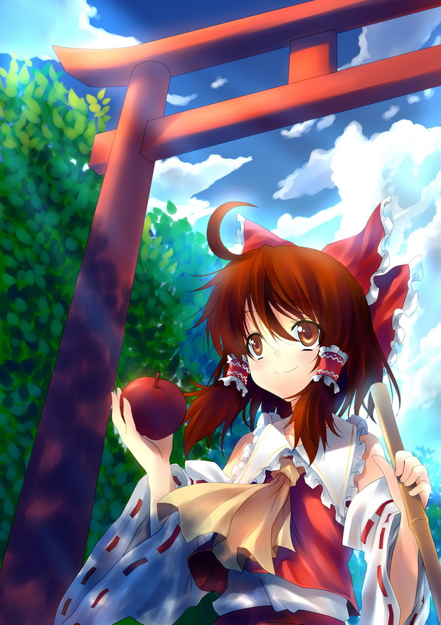 apple ascot bamboo_broom bow broom brown_eyes brown_hair detached_sleeves food fruit hair_bow hair_tubes hakurei_reimu holding holding_fruit redcomet shade smile solo sunbeam sunlight torii touhou