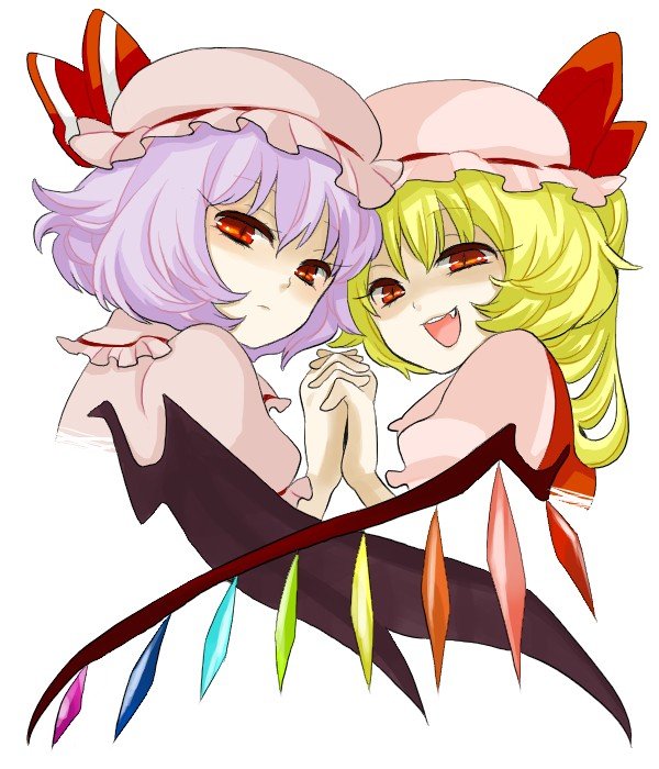 2girls blonde_hair flandre_scarlet hat red_eyes remilia_scarlet short_hair siblings sisters touhou wings