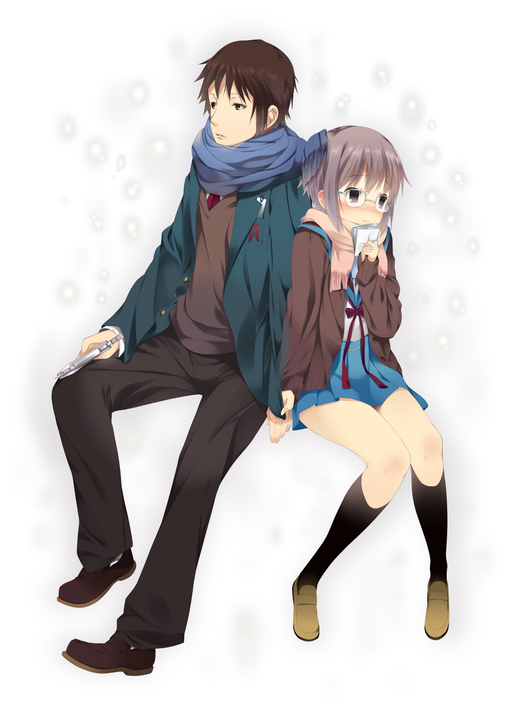 brown_hair cardigan couple glasses highres kyon mizuki_makoto nagato_yuki nagato_yuki_(shoushitsu) scarf short_hair sitting suzumiya_haruhi_no_shoushitsu suzumiya_haruhi_no_yuuutsu