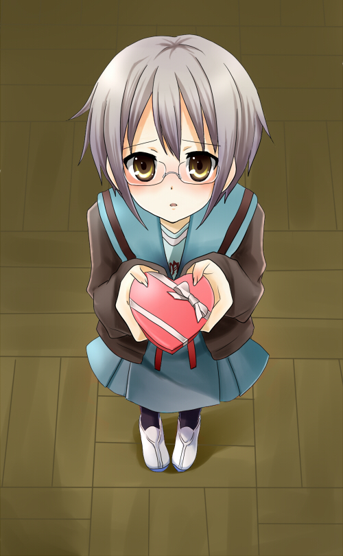 cardigan gift glasses heart holding holding_gift incoming_gift nagato_yuki nagato_yuki_(shoushitsu) rasuposu school_uniform short_hair silver_hair suzumiya_haruhi_no_shoushitsu suzumiya_haruhi_no_yuuutsu valentine