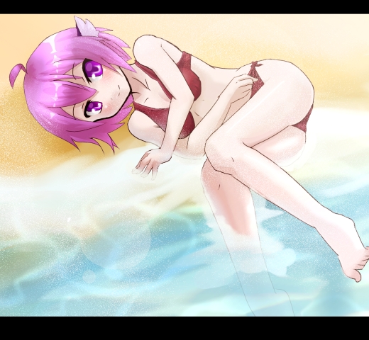 animal_ears ayagi_daifuku bare_shoulders barefoot beach bikini feet knees legs lying midriff mystia_lorelei pink_eyes pink_hair sand short_hair smile solo swimsuit touhou water