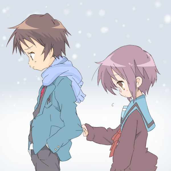 1boy 1girl brown_eyes brown_hair cardigan clerk_nagato core_(mayomayo) glasses kyon lucky_star nagato_yuki nagato_yuki_(cosplay) nagato_yuki_(shoushitsu) parody scarf school_uniform short_hair sleeve_tug style_parody suzumiya_haruhi_no_shoushitsu suzumiya_haruhi_no_yuuutsu