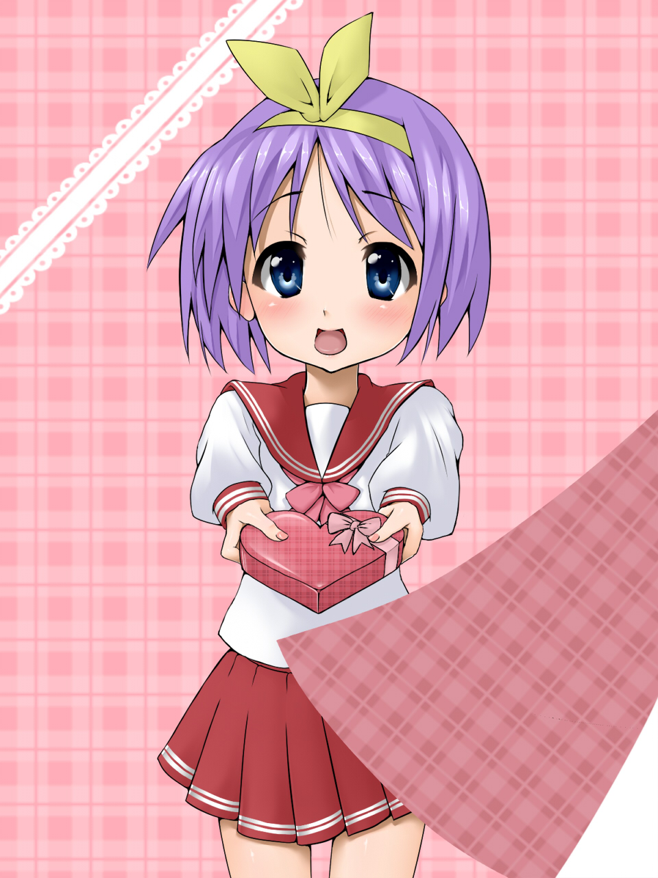 gift heart highres hiiragi_tsukasa holding holding_gift incoming_gift lucky_star nurie purple_hair school_uniform serafuku short_hair valentine