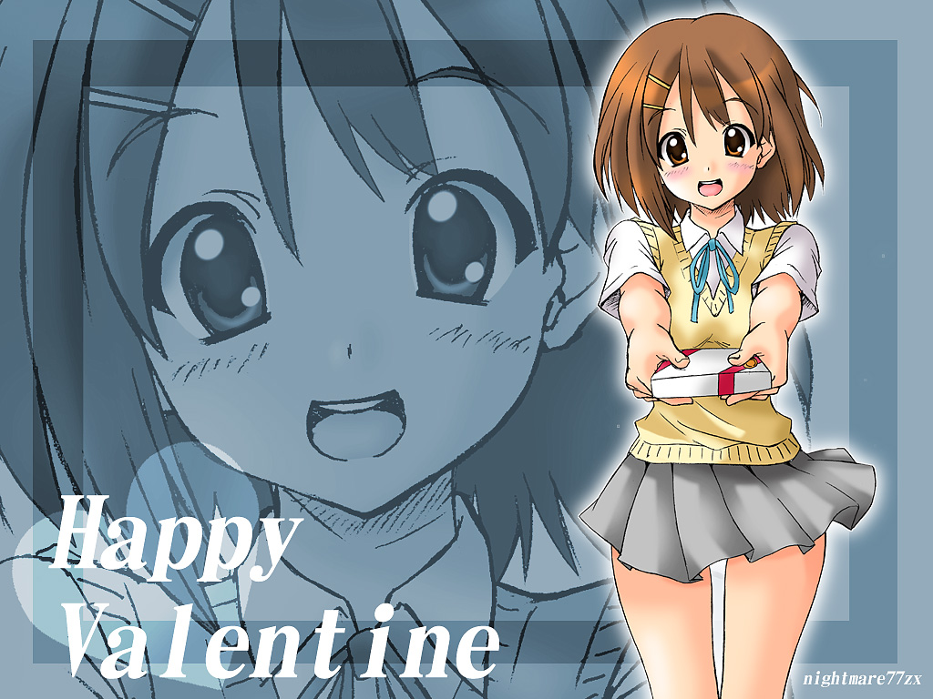 brown_eyes brown_hair gift hirasawa_yui holding holding_gift incoming_gift k-on! nightmare77zx school_uniform solo sweater_vest valentine wallpaper zoom_layer