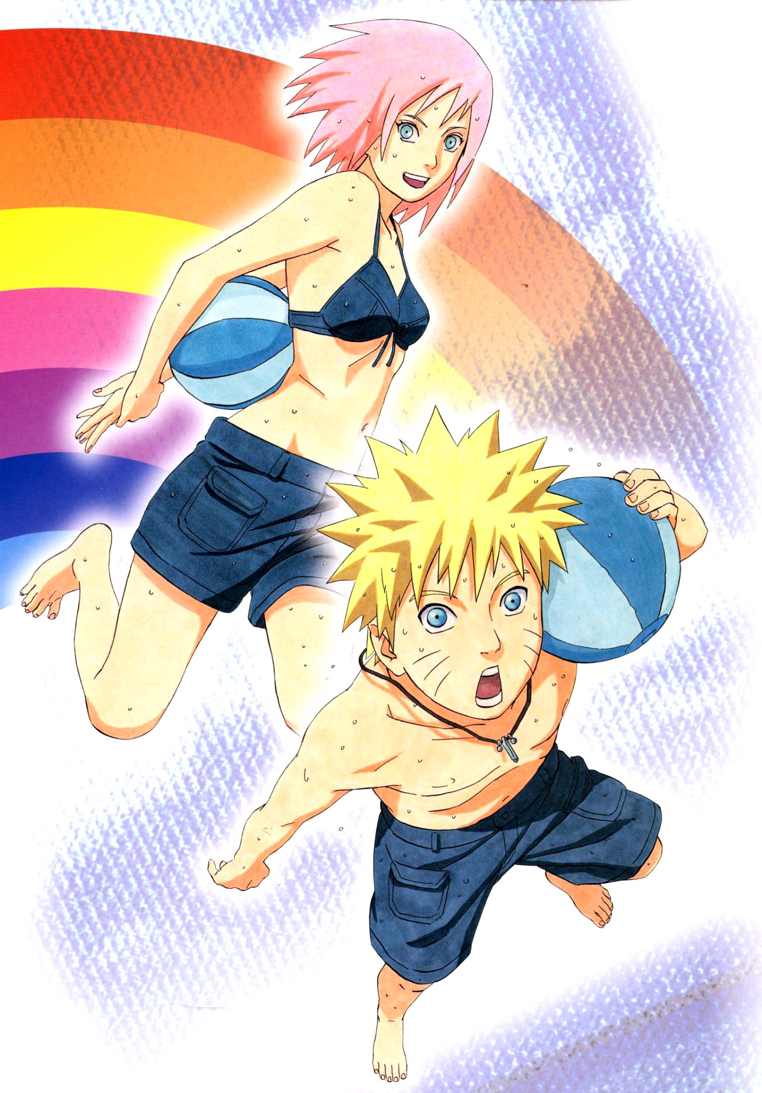 haruno_sakura highres kishimoto_masashi naruto pink_hair rainbow scan shorts uzumaki_naruto