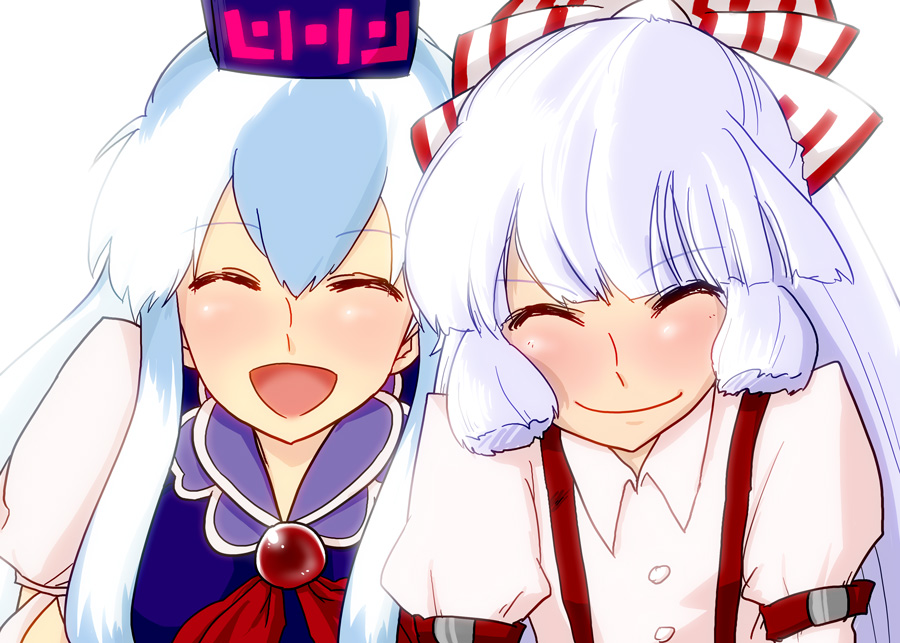 blush bow closed_eyes friends fujiwara_no_mokou hair_bow hair_ribbon happy hat hime_cut kamishirasawa_keine laughing long_hair multiple_girls open_mouth pokopoiyo ribbon silver_hair smile suspenders touhou