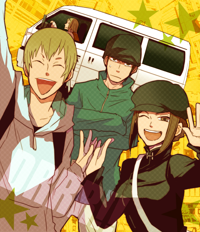 blonde_hair breasts brown_eyes brown_hair closed_eyes durarara!! harima_mika hat jacket kadota_kyouhei karisawa_erika large_breasts motor_vehicle star sudachips togusa_saburou van vehicle wink yumasaki_walker