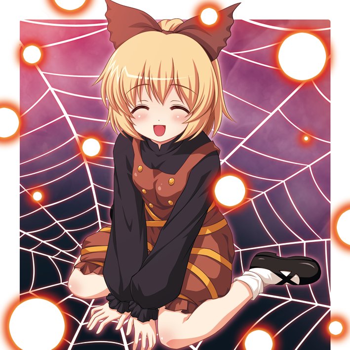 blonde_hair bow closed_eyes danmaku hair_bow kurodani_yamame ribbon short_hair sitting smile spider_web touhou v_arms wariza yamasan