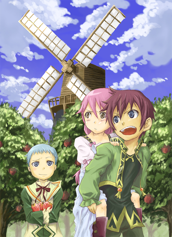 1girl 2boys apple asbel_lhant blue_eyes blue_hair brown_eyes brown_hair cheria_barnes food fruit hubert_ozwell marimo_(momiage) multiple_boys piggyback pink_hair tales_of_(series) tales_of_graces windmill young