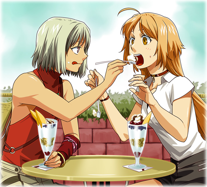 428 ahoge androgynous bare_shoulders blonde_hair brown_eyes canaan canaan_(character) feeding flat_chest food ice_cream long_hair mknown mori_(unknown.) multiple_girls oosawa_maria open_mouth short_hair sleeveless sleeveless_turtleneck spoon tongue turtleneck