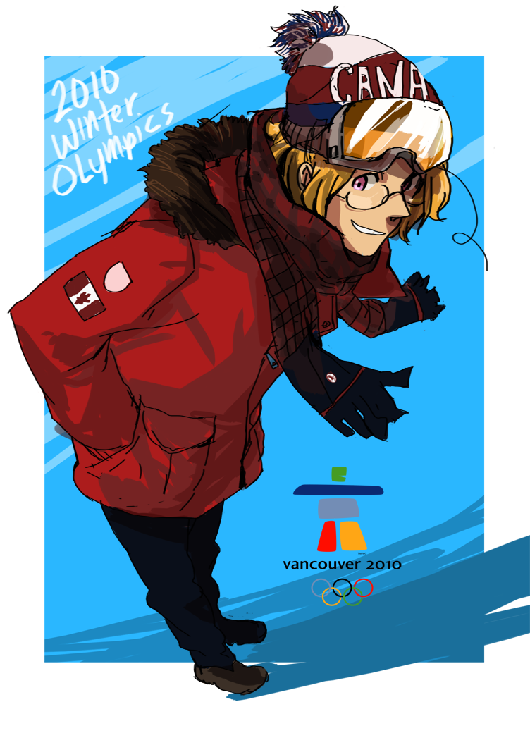 2010_winter_olympics ahoge axis_powers_hetalia beanie blonde_hair canada canada_(hetalia) canadian_flag coat flag goggles hand_in_pocket hat jacket male olympics parka plaid purple_eyes scarf smirk tartan tehryu violet_eyes